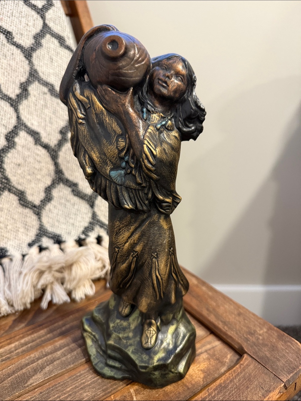 Vintage Southwestern Maiden Carrying Pottery Figurine Faux Bronze Native Style